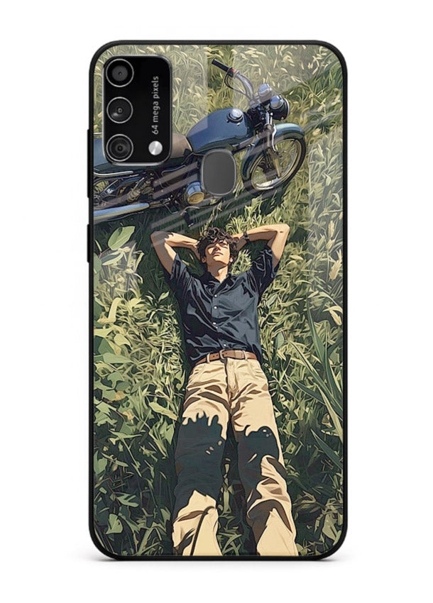 Forest rider lifting bike design on tempered glass Samsung F41 back cover