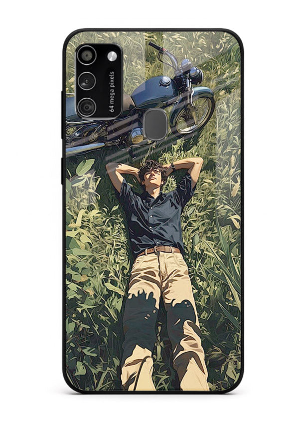 Forest rider lifting bike design on tempered glass Samsung M30s back cover