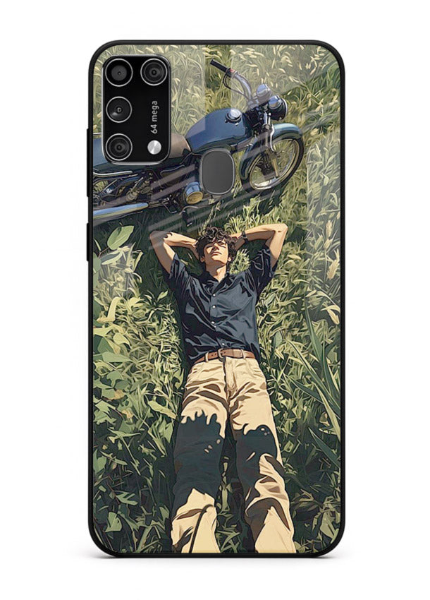 Forest rider lifting bike design on tempered glass Samsung M31 Prime back cover