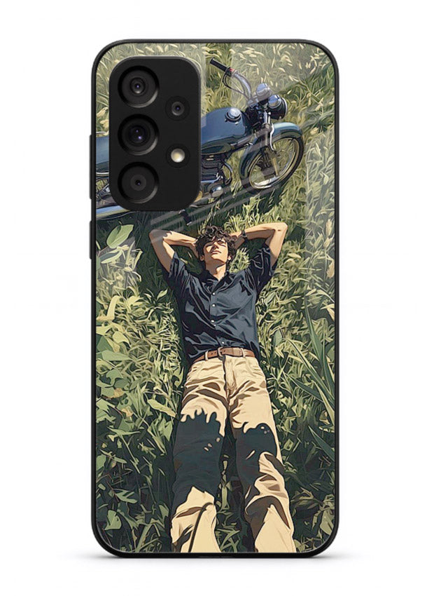 Forest rider lifting bike design on tempered glass Samsung A53 5G back cover