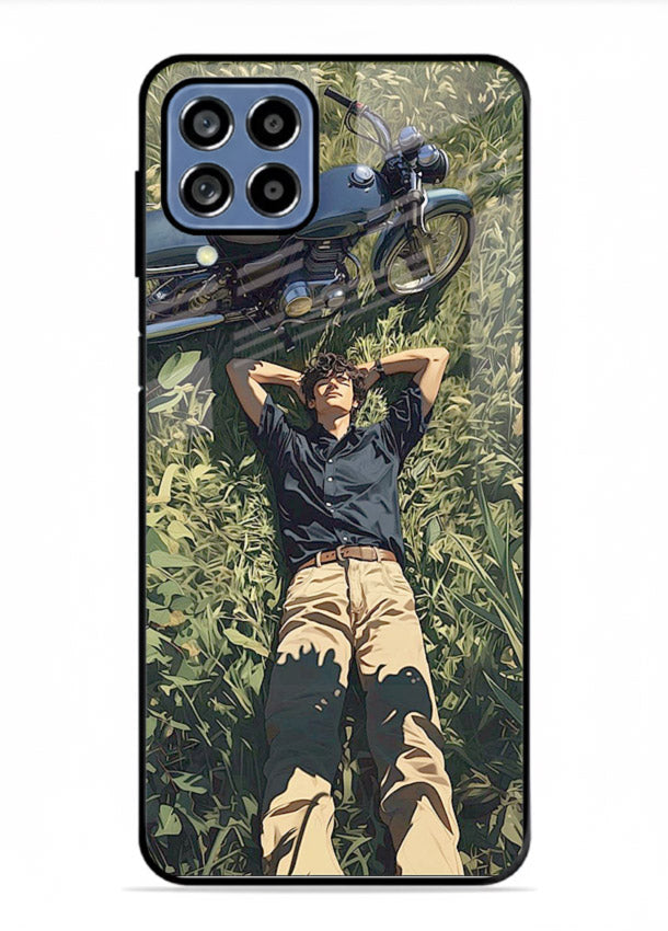 Forest rider lifting bike design on tempered glass Samsung M33 5G back cover
