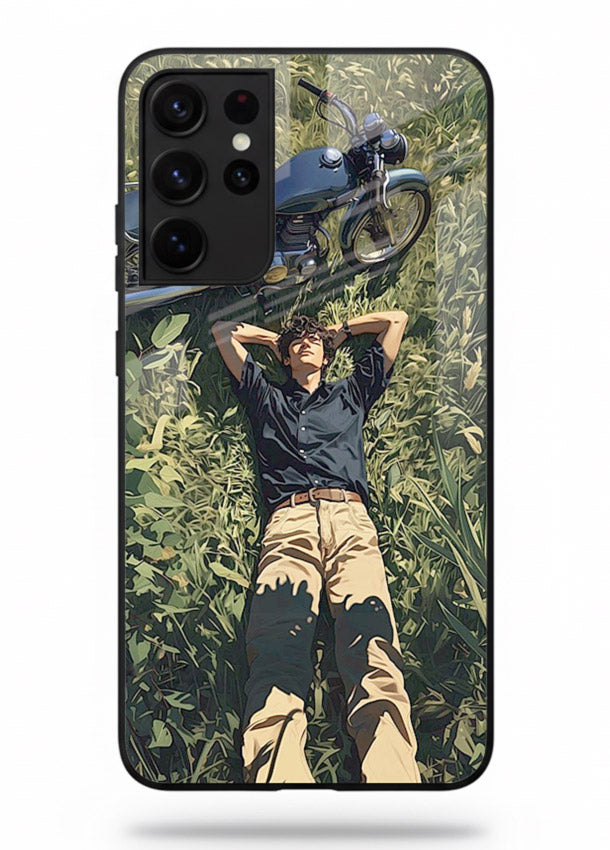 Forest rider lifting bike design on tempered glass Samsung S21 Ultra back cover