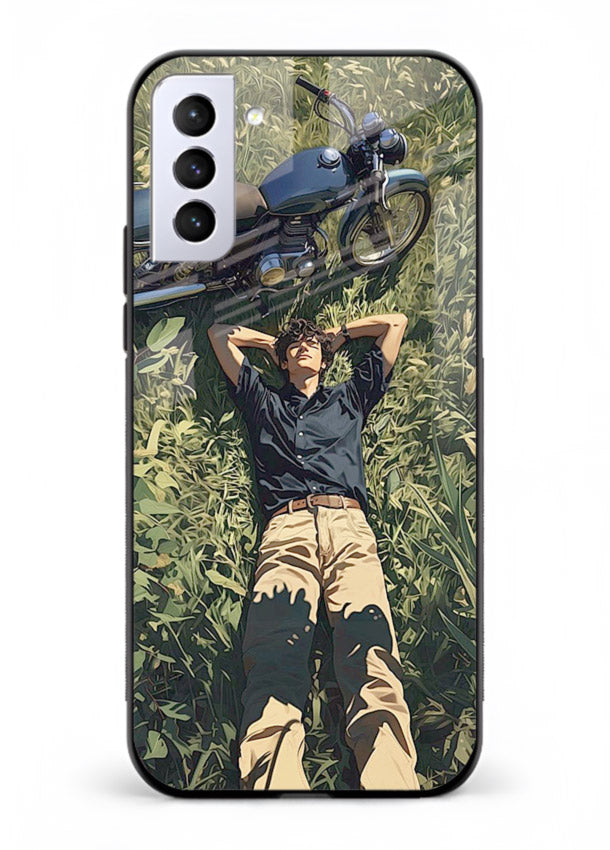 Forest rider lifting bike design on tempered glass Samsung S21 FE back cover