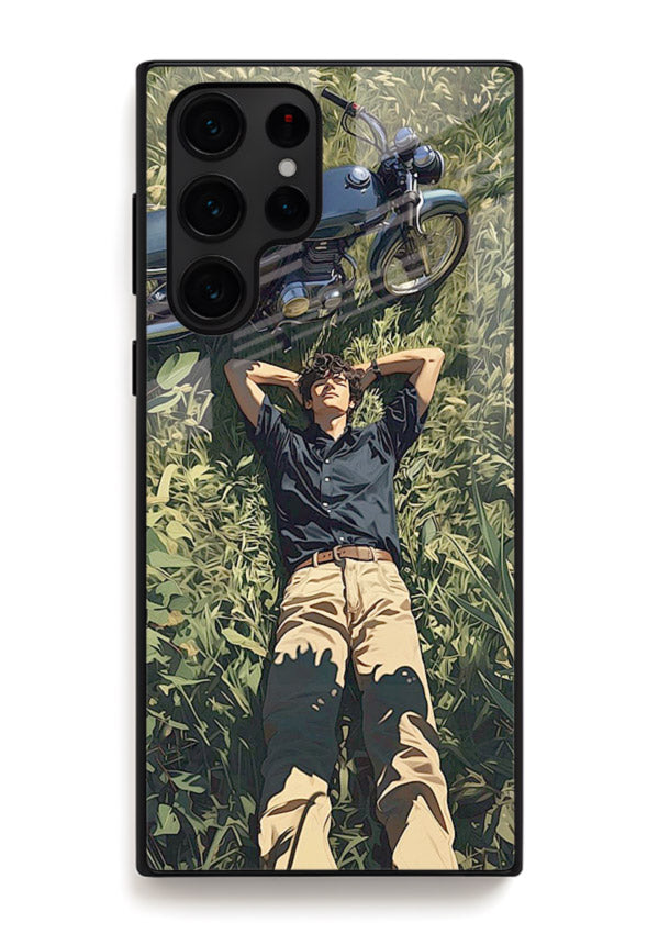 Forest rider lifting bike design on tempered glass Samsung S22 Ultra back cover