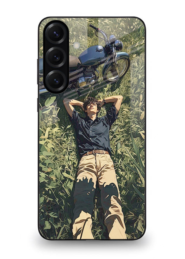 Forest rider lifting bike design on tempered glass Samsung A25 5G back cover