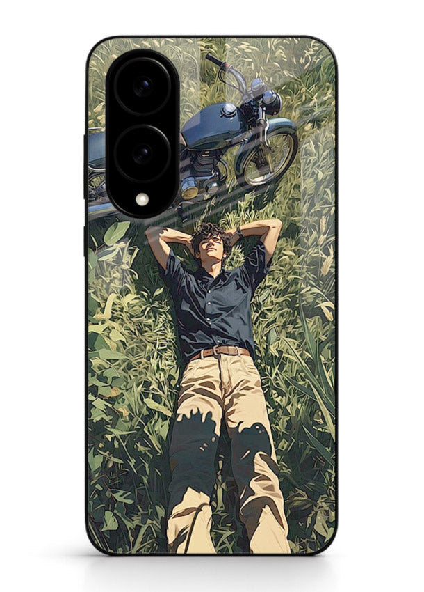 Forest rider lifting bike design on tempered glass Samsung S25 Edge back cover