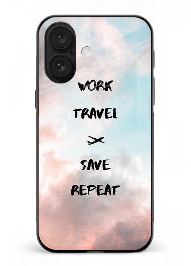 Work Travel Save Repeat artwork iphone 16 glass back cover
