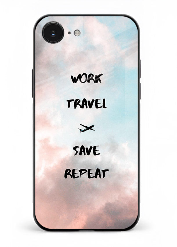 Work Travel Save Repeat artwork iphone 16e glass back cover