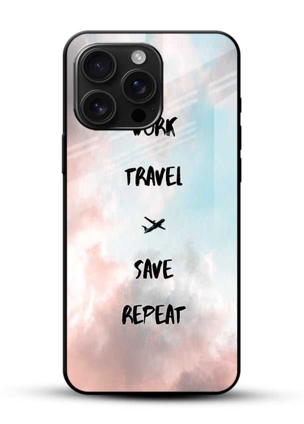 Work Travel Save Repeat artwork glossy vibrant premium glass back cover - Angle Front