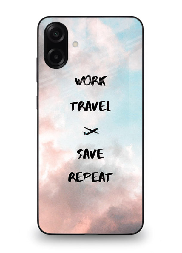 Work Travel Save Repeat artwork Samsung M13 5G glass back cover
