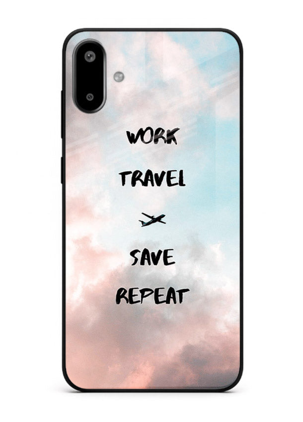 Work Travel Save Repeat artwork Samsung F06 5G glass back cover
