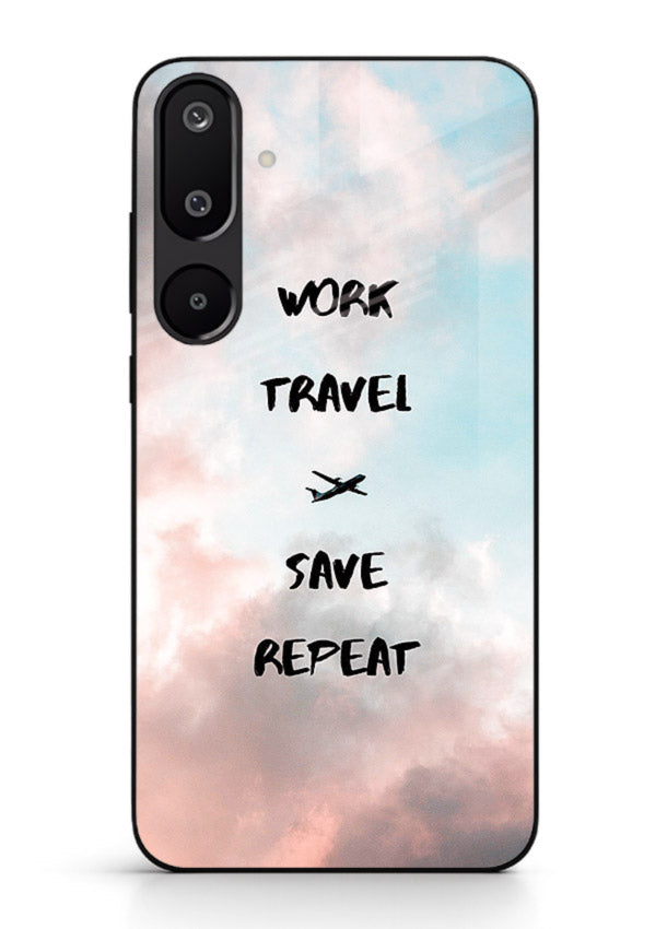 Work Travel Save Repeat artwork Samsung M16 5G glass back cover