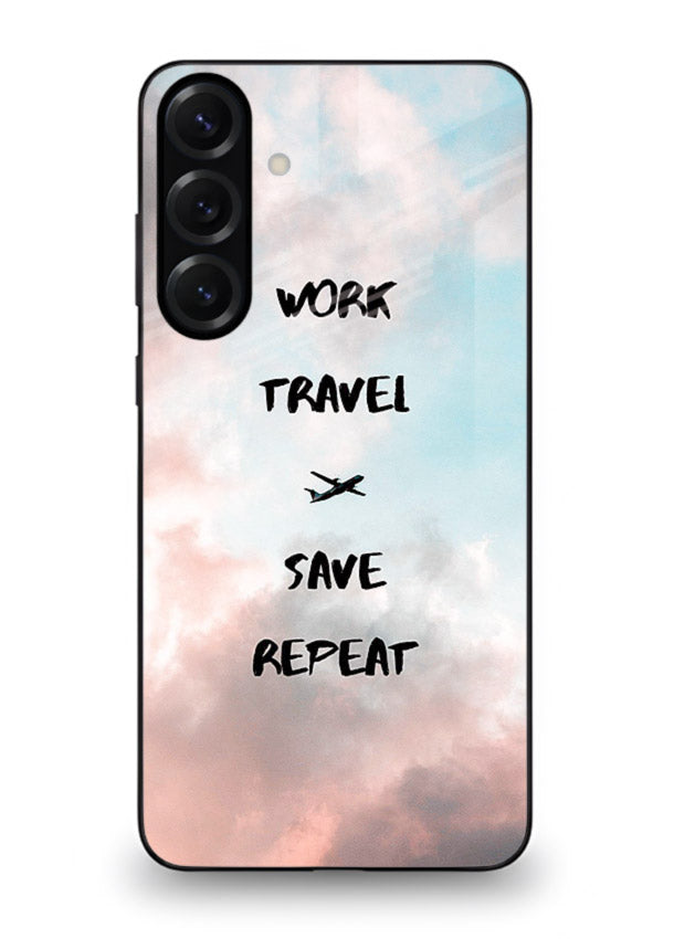 Work Travel Save Repeat artwork Samsung M35 5G glass back cover