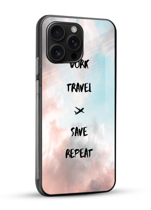 Work Travel Save Repeat artwork glossy vibrant premium glass back cover - Angle Side