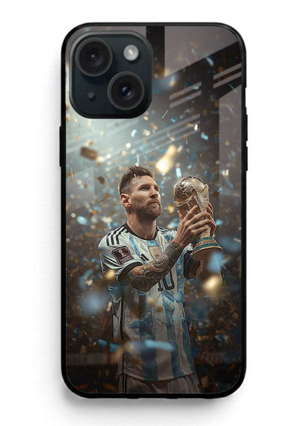Champion trophy celebration artwork printed on glossy tempered glass iPhone 15 Plus back cover