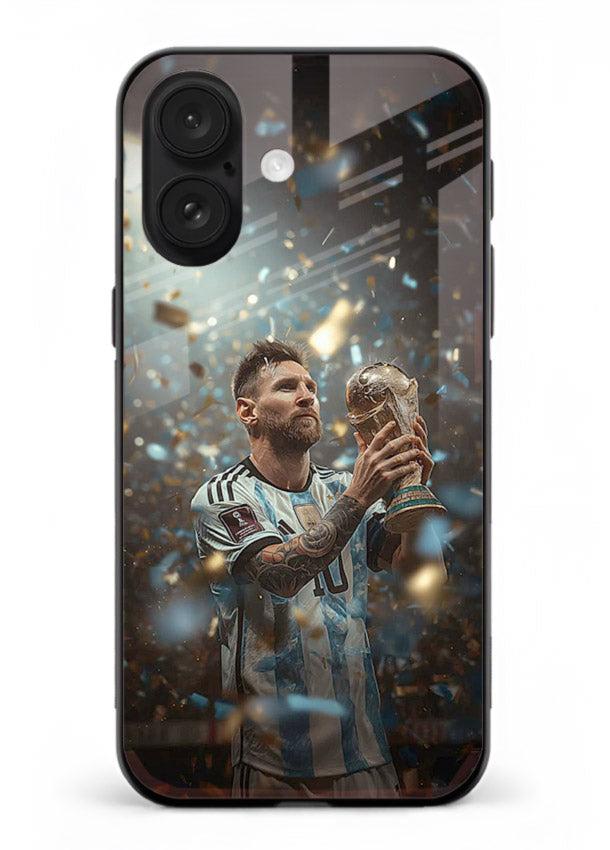 Champion trophy celebration artwork printed on glossy tempered glass iPhone 16 Plus back cover