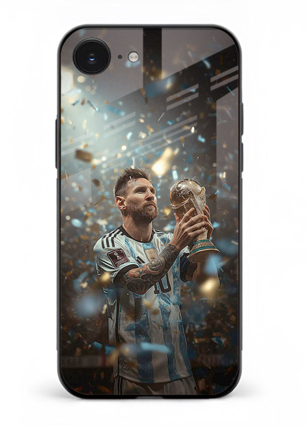 Champion trophy celebration artwork printed on glossy tempered glass iPhone 16E back cover