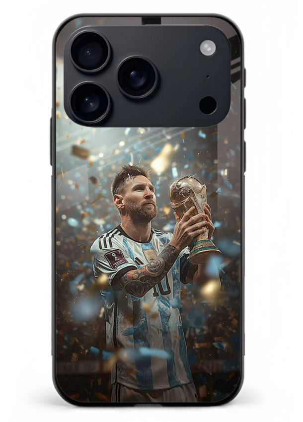 Champion trophy celebration artwork printed on glossy tempered glass iPhone 17 Pro Max back cover