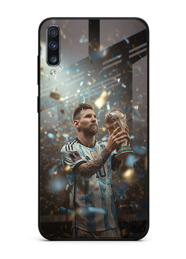 Champion trophy celebration artwork printed on glossy tempered glass Samsung A70 back cover