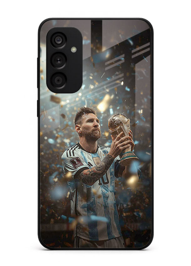 Champion trophy celebration artwork printed on glossy tempered glass Samsung M14 5G back cover