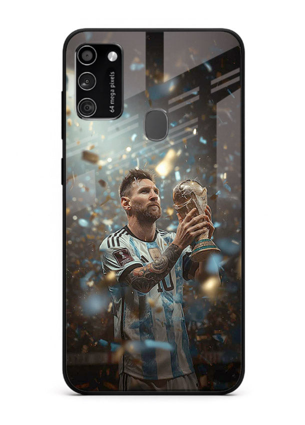 Champion trophy celebration artwork printed on glossy tempered glass Samsung M21 back cover