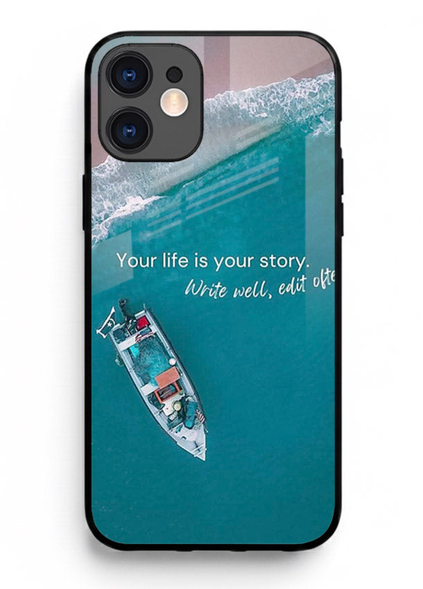 Ocean boat scene printed on iphone 12 mini glass back cover with calming tones.