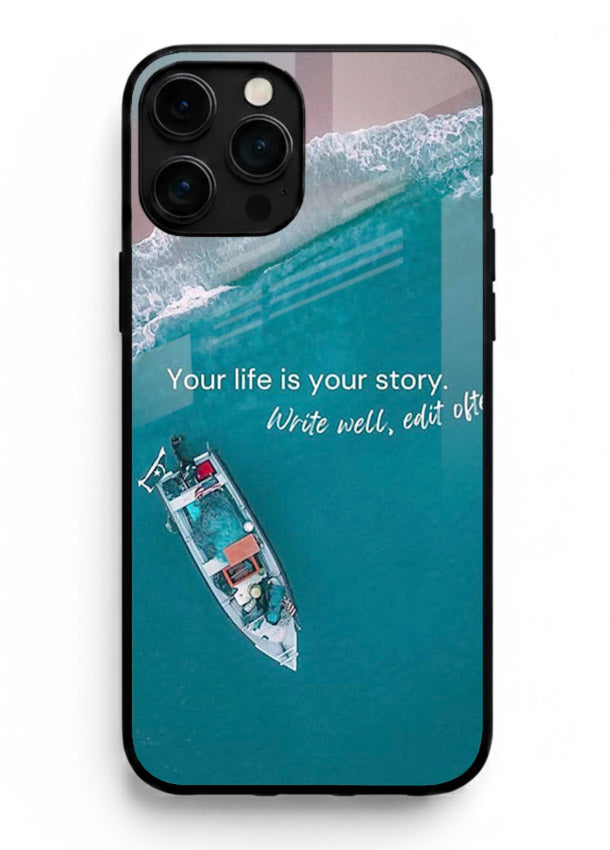 Ocean boat scene printed on iphone 16 pro max glass back cover with calming tones.