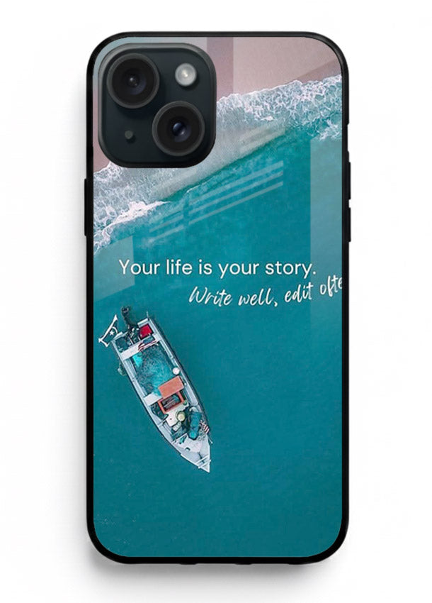 Ocean boat scene printed on iphone 15 plus glass back cover with calming tones.