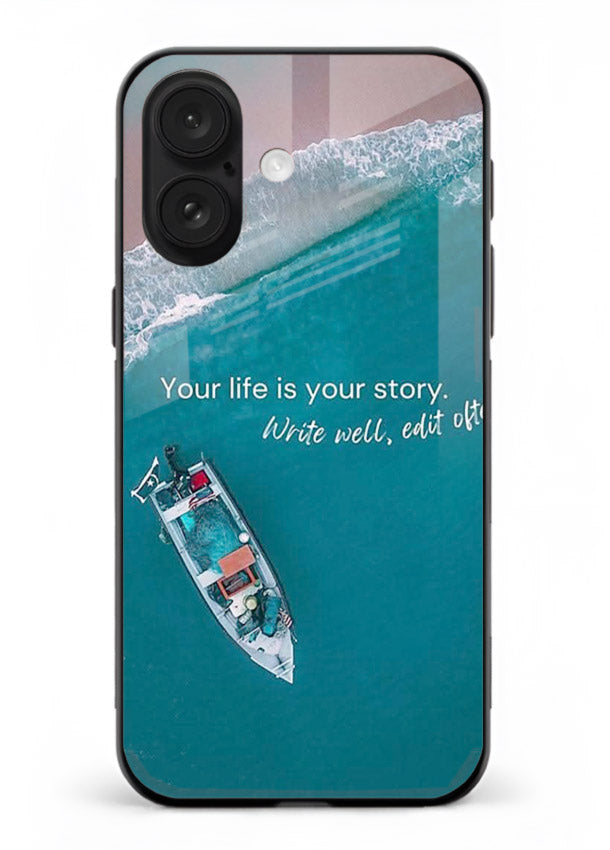 Ocean boat scene printed on iphone 17 glass back cover with calming tones.