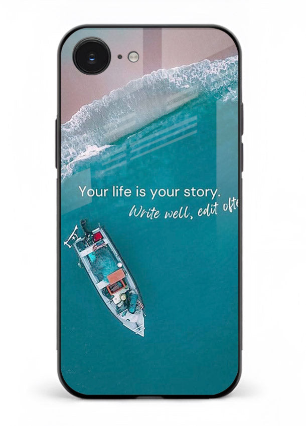 Ocean boat scene printed on iphone 16e glass back cover with calming tones.