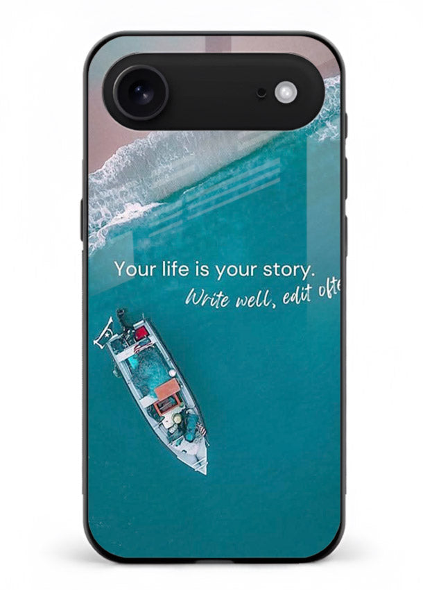 Ocean boat scene printed on iphone 18 air glass back cover with calming tones.