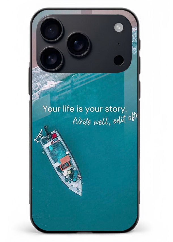 Ocean boat scene printed on iphone 18 pro max glass back cover with calming tones.