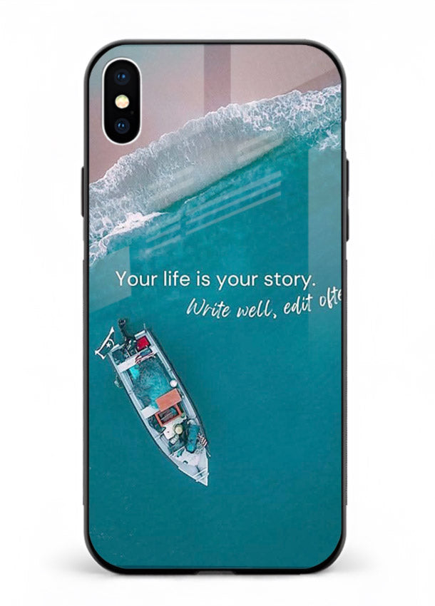 Ocean boat scene printed on iphone xs max glass back cover with calming tones.