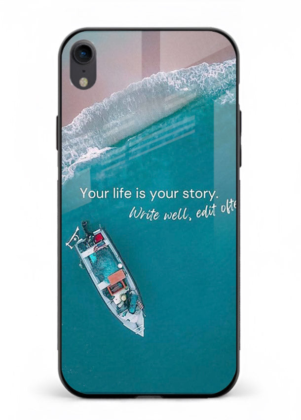 Ocean boat scene printed on iphone xr glass back cover with calming tones.