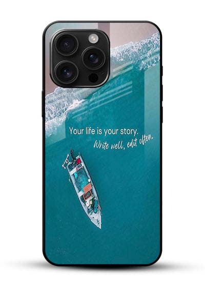 Ocean boat scene printed on glossy vibrant premium glass back cover with calming tones. - Angle Front
