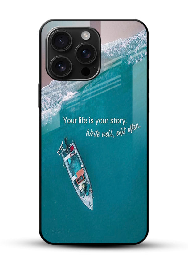 Ocean boat scene printed on glossy vibrant premium glass back cover with calming tones. - Angle Front