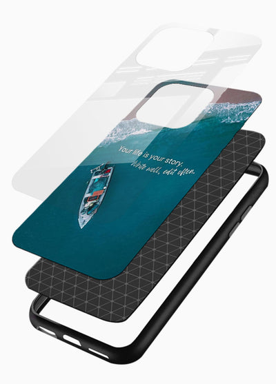 Ocean boat scene printed on glossy vibrant premium glass back cover with calming tones. - Angle Layers