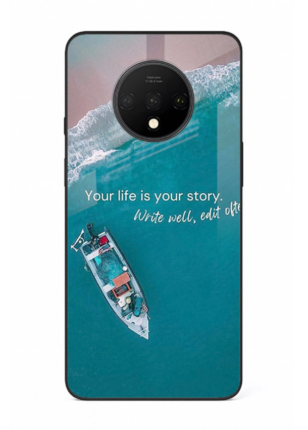 Ocean boat scene printed on OnePlus 7T glass back cover with calming tones.