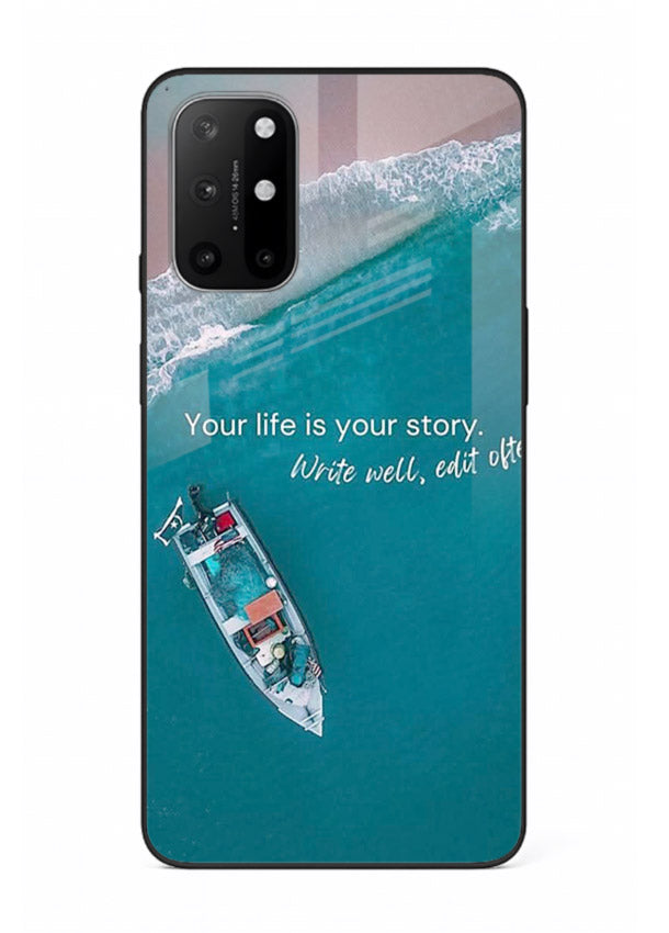 Ocean boat scene printed on OnePlus 8T glass back cover with calming tones.