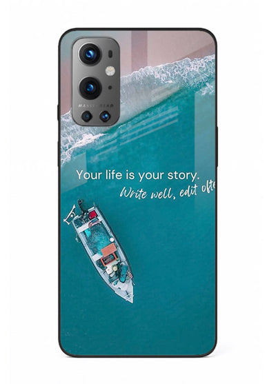 Ocean boat scene printed on OnePlus 9 glass back cover with calming tones.