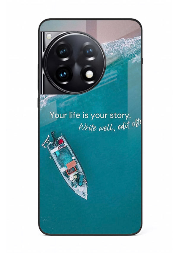 Ocean boat scene printed on OnePlus 12R glass back cover with calming tones.