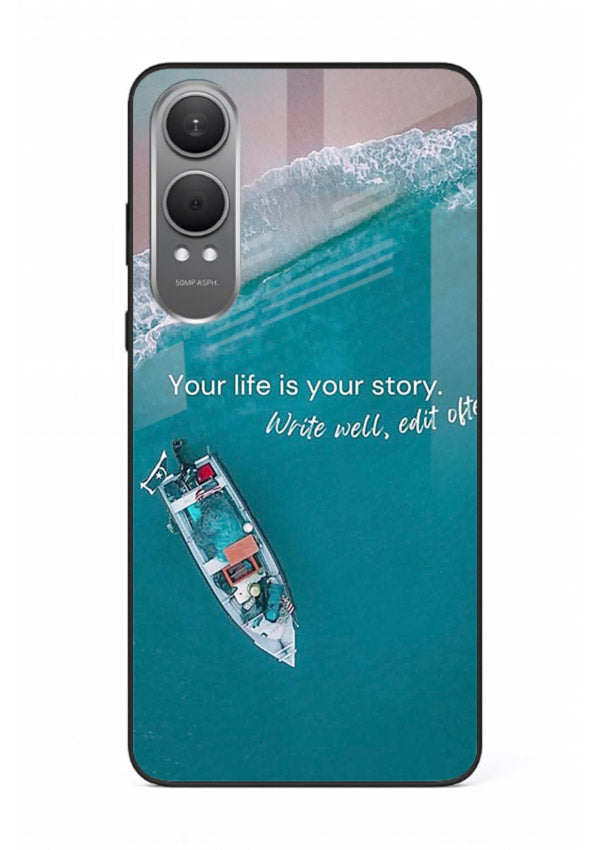 Ocean boat scene printed on OnePlus Nord CE4 Lite glass back cover with calming tones.