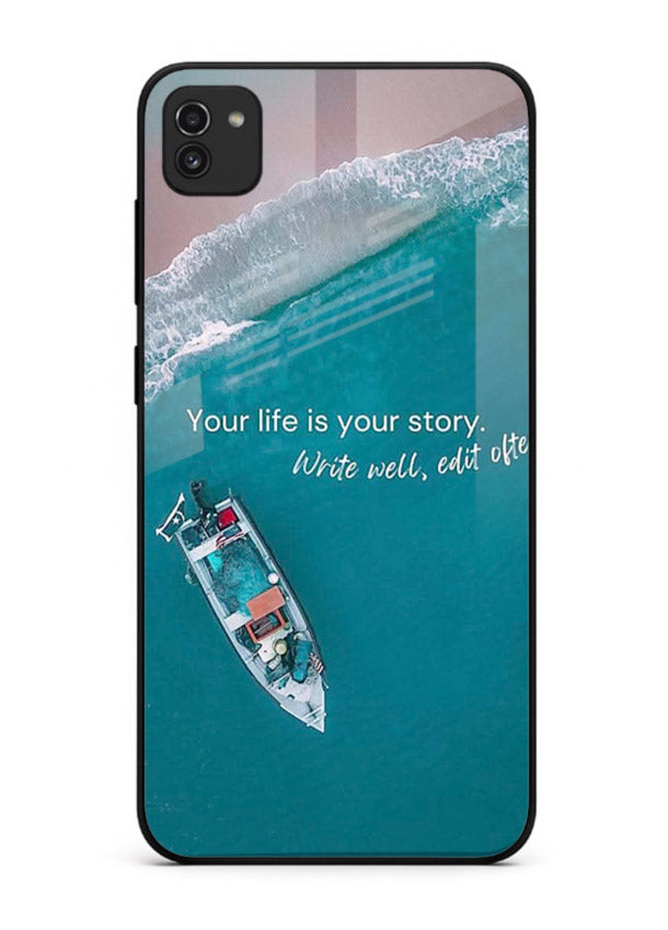 Ocean boat scene printed on Samsung A03 glass back cover with calming tones.