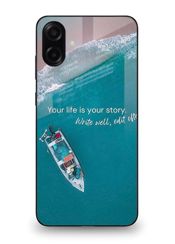 Ocean boat scene printed on Samsung A07 4G glass back cover with calming tones.