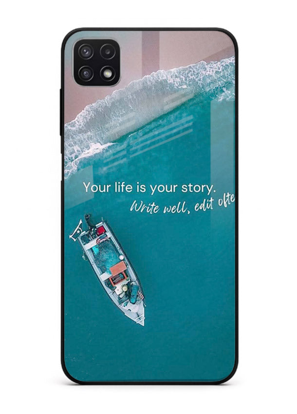 Ocean boat scene printed on Samsung F42 5G glass back cover with calming tones.