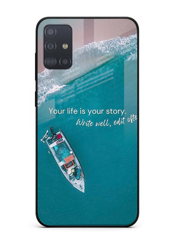Ocean boat scene printed on Samsung A71 glass back cover with calming tones.