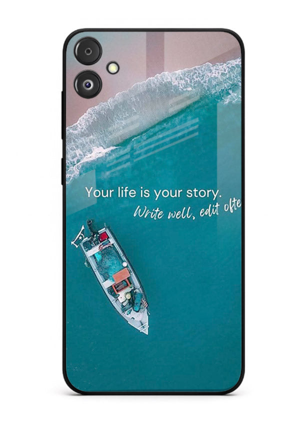 Ocean boat scene printed on Samsung F05 5G glass back cover with calming tones.