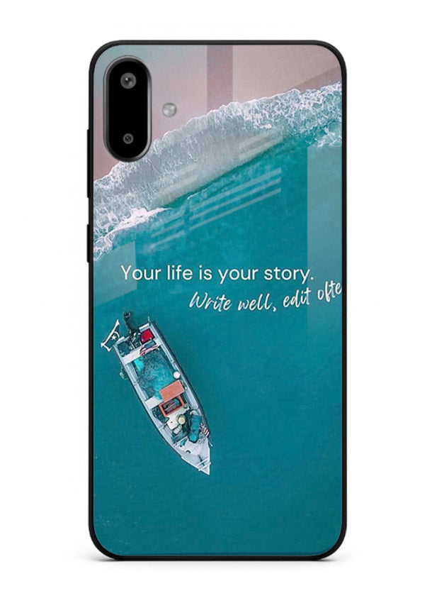 Ocean boat scene printed on Samsung F06 5G glass back cover with calming tones.