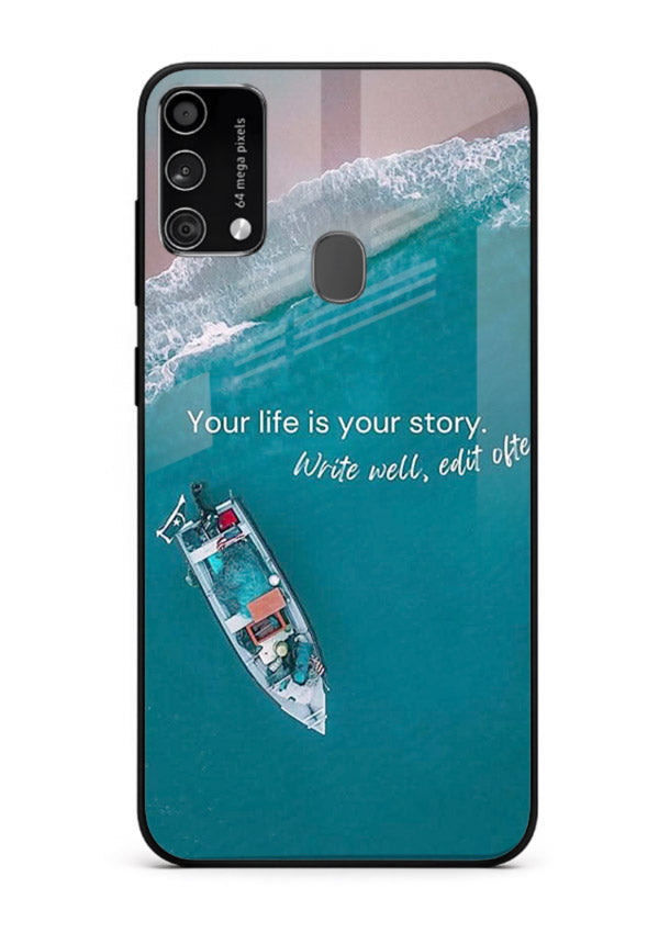 Ocean boat scene printed on Samsung F41 glass back cover with calming tones.