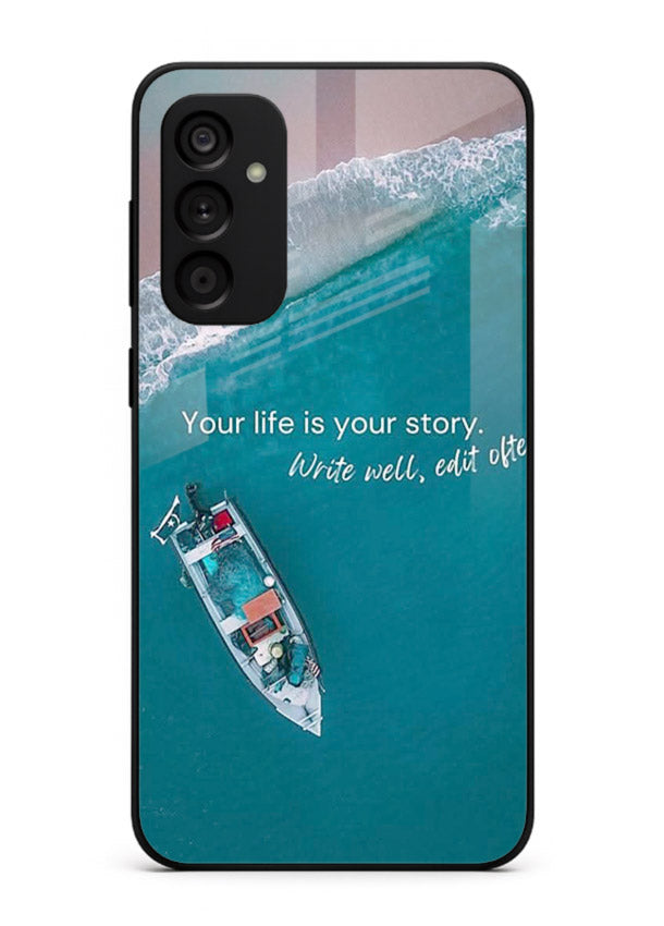 Ocean boat scene printed on Samsung A34 5G glass back cover with calming tones.